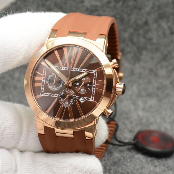 

masculine men watch marine ceramic bezel brown dial chronograph quartz battery executive dual time rubber strap wristwatches mens watches, Slivery;brown