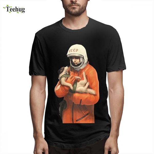 

cartoon design laika gagarin soviet space heroes t shirt tee for man for man round collar camiseta, White;black