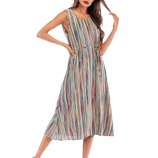 

women dresses summer 2019 fashion women casual o-neck sleeveless bandage colorful stripe printed dress vestidos ing, Black;gray