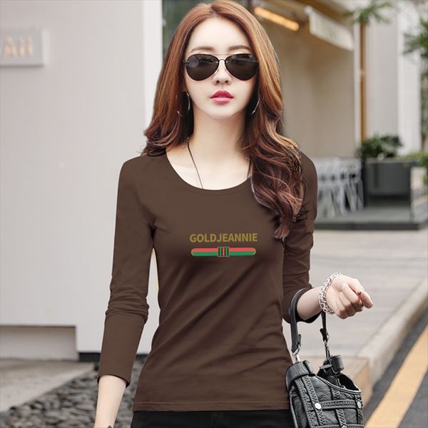 

long sleeve base t- shirt women's summer 2020 brown letter printing cotton all-match t-shirt fashion, White