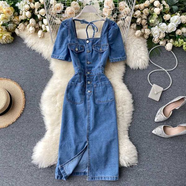 

deat 2020 summer women short sleeve casual square collar loose front buttons lady denim long blue dress vestidos mj080, Black;gray