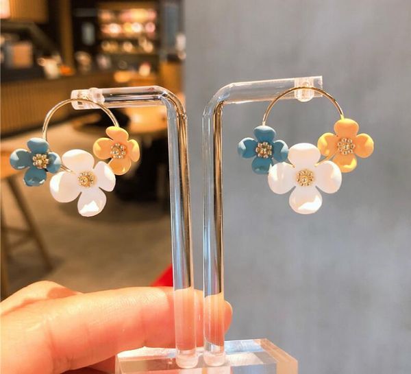 

s925 silver needle temperament classical tricolor flower earrings girls fresh candy color resin flower ear accessories
