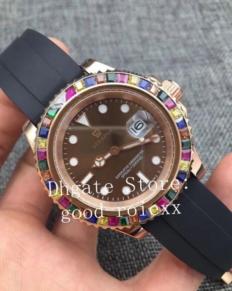 

luxury men's automatic 2813 pave gem-set multi color rainbow bezel watches men brown dial rose gold 116695 master 116655 rubber strap w, Slivery;brown