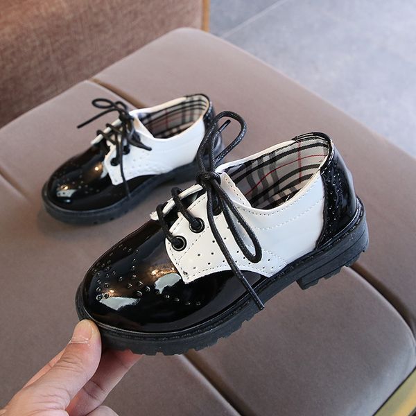 

formal children' leather shoes students fashion girls patent leather oxford shoes lace up kids boys soft moccasins black white, Black;grey