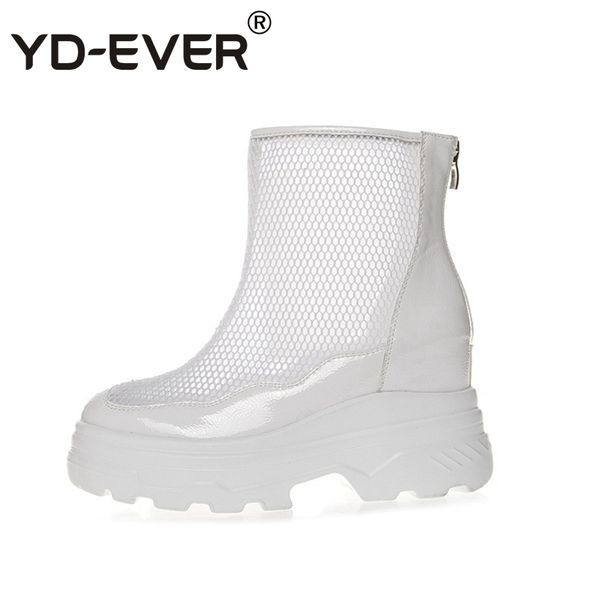 

yd-ever 9cm mesh hollow women casual shoes super high heel platform wedge shoes sneakers spring autumn summer ankle boots, Black