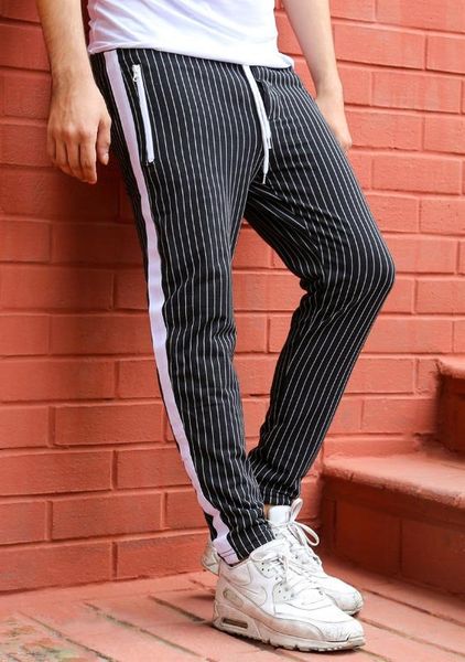 

men's casual pants elastic strap vertical striped jogger sports fitness sweatpants long track pants toursers, Black