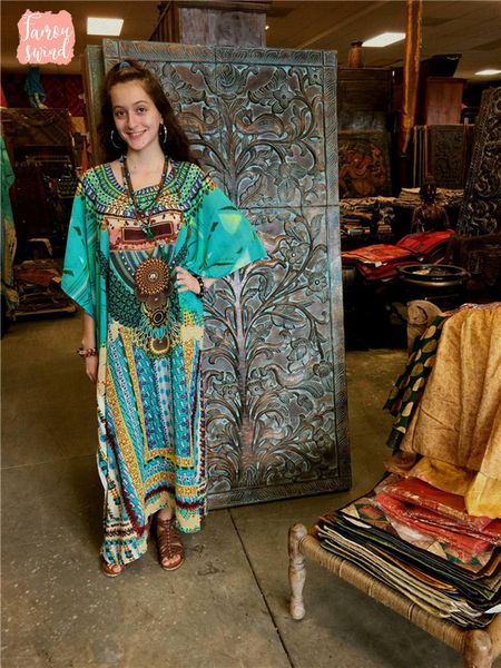 

этнических печати богемских платьев big длинного платье пляж batwing рукав maxi платье женщина сарафаны boho парео размер купальники лето 20, Black;gray