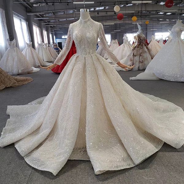 

2019 роскошные блестки ливан свадебные платья с длинным рукавом sheer высокая шея открыть замочную скважину назад кристалл бисером длинный п, White