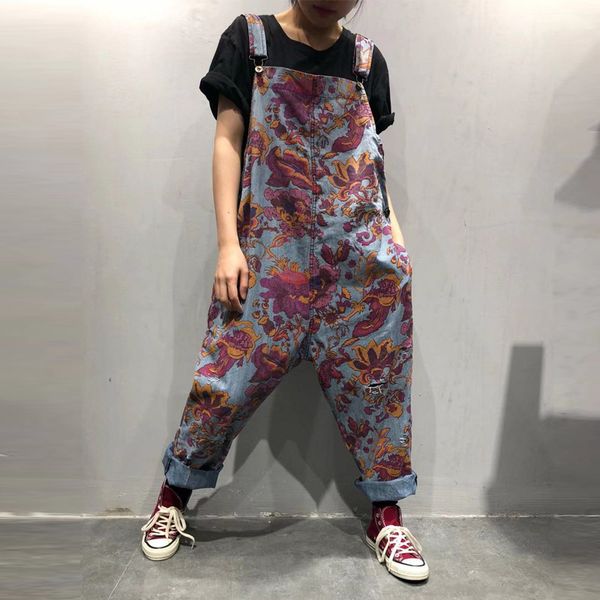 

large size cowboy suspender pants 2019 spring new style printed pattern big crotch trend jeans fashion retro trousers, Black