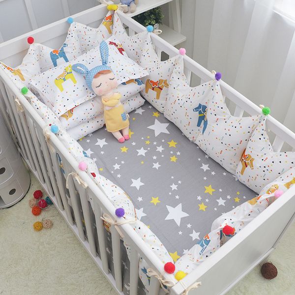 

5 pcs/set fairy tale cockhorse baby bedding set cotton baby cot linens crown shape crib bumpers bed sheet for boys girls