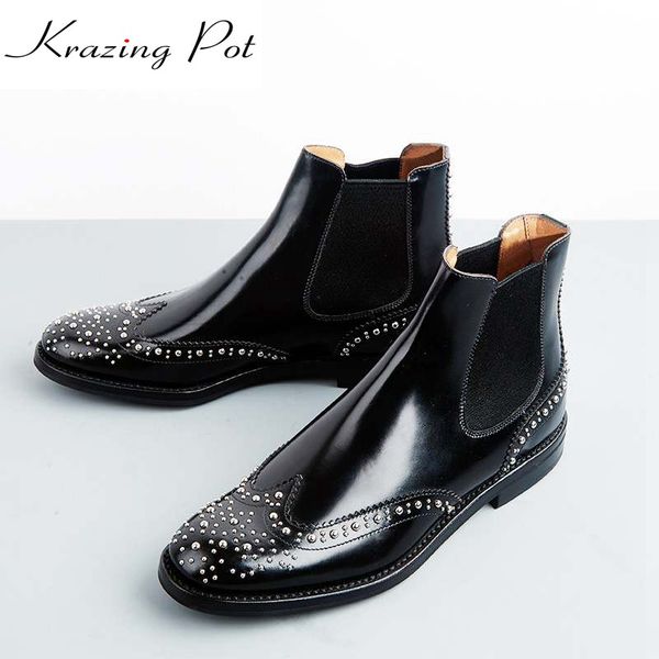

krazing pot cow leather low heels gladiator round toe rivets hollywood british school boots streetwear ankle boots l81, Black
