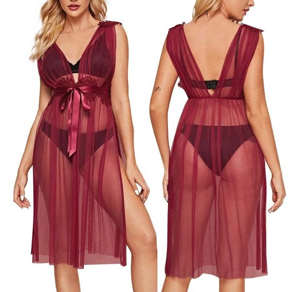 

women's sleepwear lingerie women blouse robe + g string porno lace underwear babydoll erotic dress through nightgown, Black;red