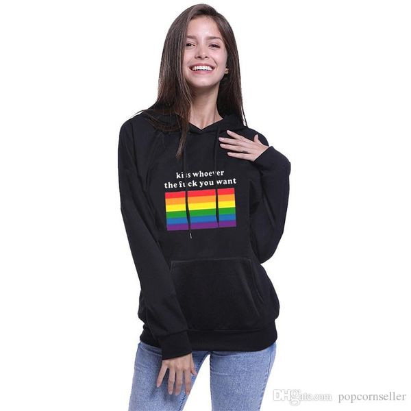 

лгбт известный балахон радуга поцелуй печати толстовка женская короткие толстовки новый популярный дизайнер с длинным рукавом пары одежда, Black