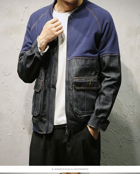 

winter autumn denim baseball jacket men patchwork plus size 5xl different sleeves retro korean fashion jeans outerwear sale, Black;brown