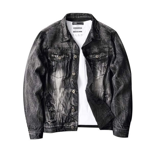

mcikkny vintage casual denim jackets men washed turn down collar jeans jackets for male solid color, Black;brown