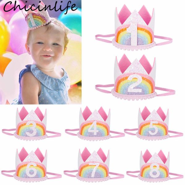 

chicinlife 1pcs 1-8 years old rainbow birthday crown headband baby shower 1st birthday party hat girl hair accessory supplies