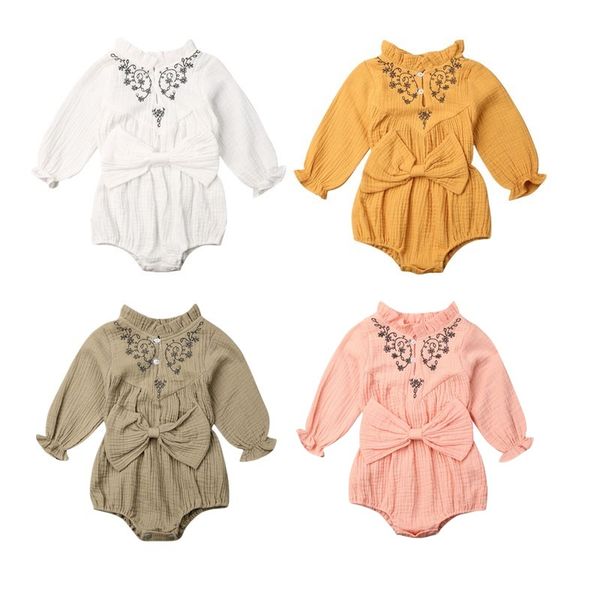 

cute baby clothes 2019 infant baby girl clothes long sleeve big bowknot cotton and linen bodysuit jumpsuit outfit, Blue