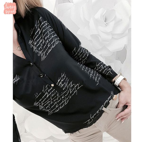 

осень женщина повелительница белой черные буквы печатных кнопки v шея sexy топы с длинным рукавом весна blusas plus размера, White