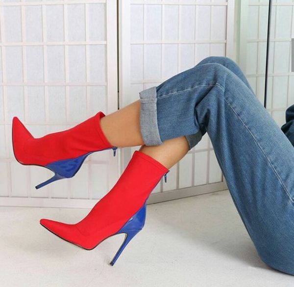 

style point point stretch cloth color zipper fine ultra high heel boots size 42 women's fashion boots, Black