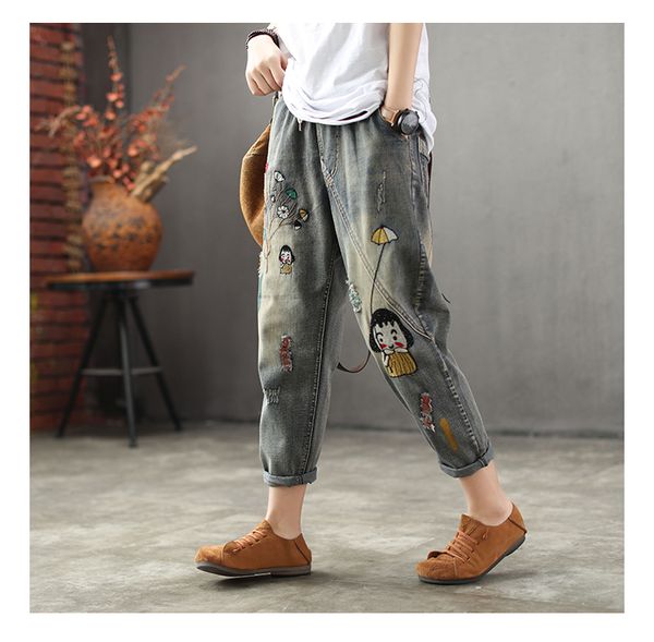 

women's jeans women spring patchwork embroidered cartoon denim pants bleached washed vintage elastic waist trousers female ripped, Blue