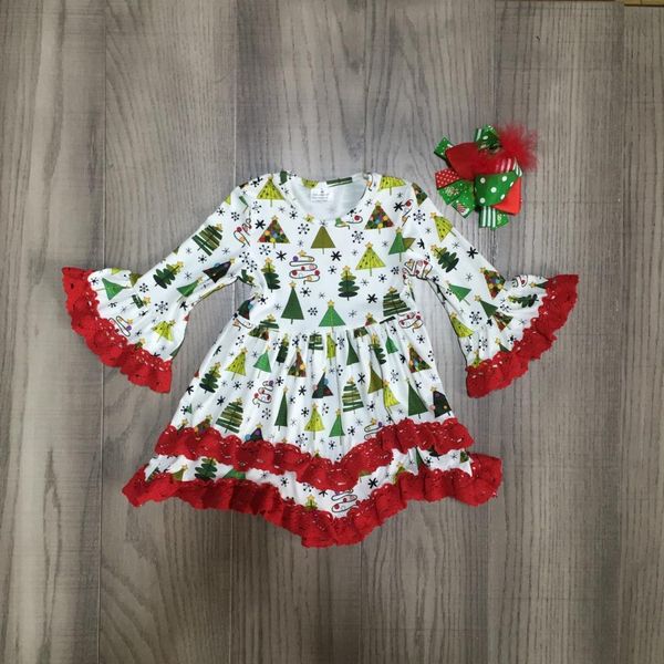 

christmas tree fall/winter gift milk silk dress baby girls dress boutique children clothes match bow knee length kids wear, White