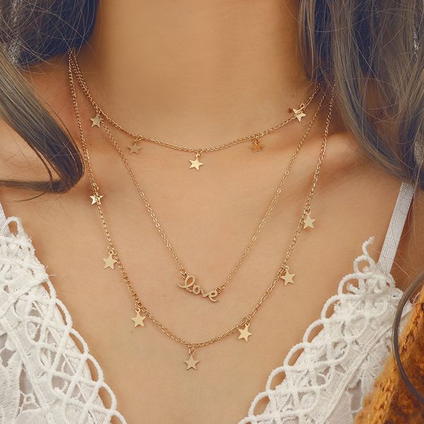 

bohemia bohemia gold color star party women's pendant necklace fashion female choker necklaces love letter chain ladies jewelry, Golden;silver