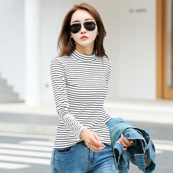 

striped long sleeve shirts women clothing high neck white black slim korean style lady casual tshirt t-shirts vetement femme