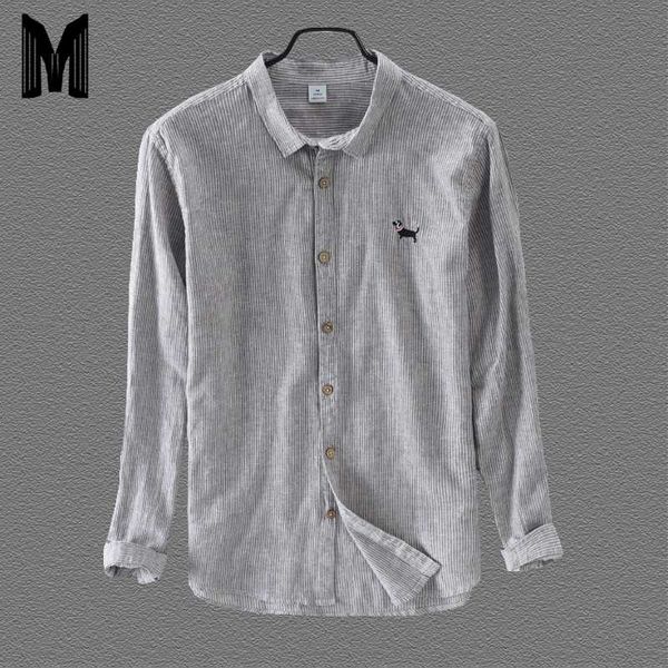 

2020 mens striped surface shirt long sleeve cotton linen casual shirts puppy embroidery men clothing y1717, White;black