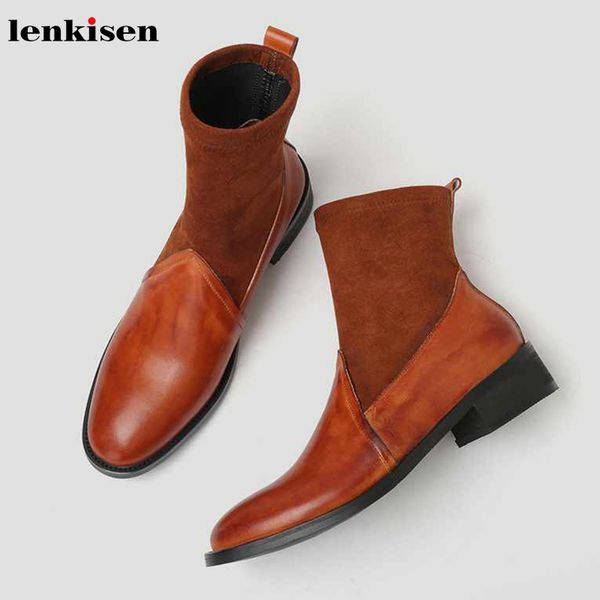 

lenkisen simple european style cow leather patchwork flock med heels round toe casual solid winter women warm ankle boots l38, Black