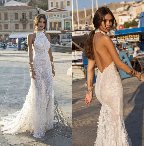 Lian Rokman 2019 Vestidos de Noiva Princesa Halter Pescoço Backless Sereia Vestidos De Casamento Nupcial Varredura Treinar Rústico Robe de Mariage