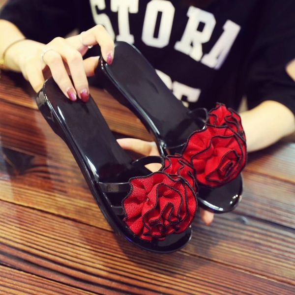 

women summer slippers flat sandals flip flops flowers red fashion beach slides outdoor slippers home sandals lady shoes, Black