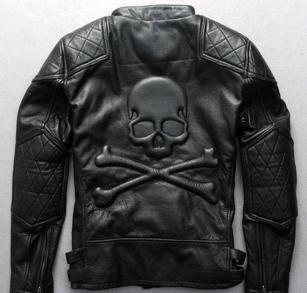 

cadiance mastermind locomotive leather jacket mm steel seal skull head stand collar mad cross country motorcycle suit jacket, Black