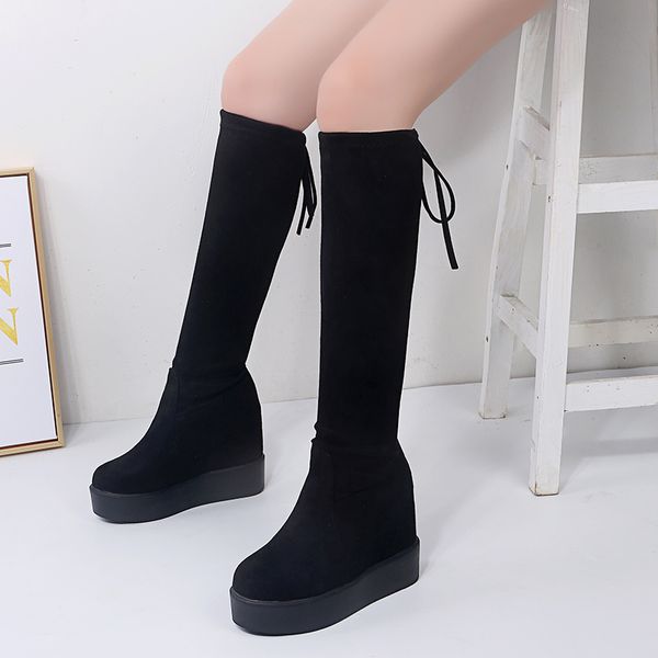 

women boots winter shoes woman black flock platform boots slip on knee high lace up bow knot increased wedges long