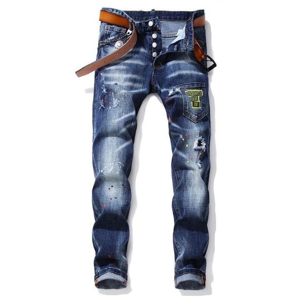 

unique mens painted ripped slim fit retro blue jeans fashion designer panelled washed motocycle denim pants hip hop trousers