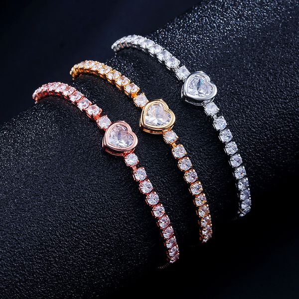 

new fashion gold rose gold full cz cubic zirconia heart womens adjustable tennis chain bracelet diamond fine jewelry gifts for girlfriend, Black