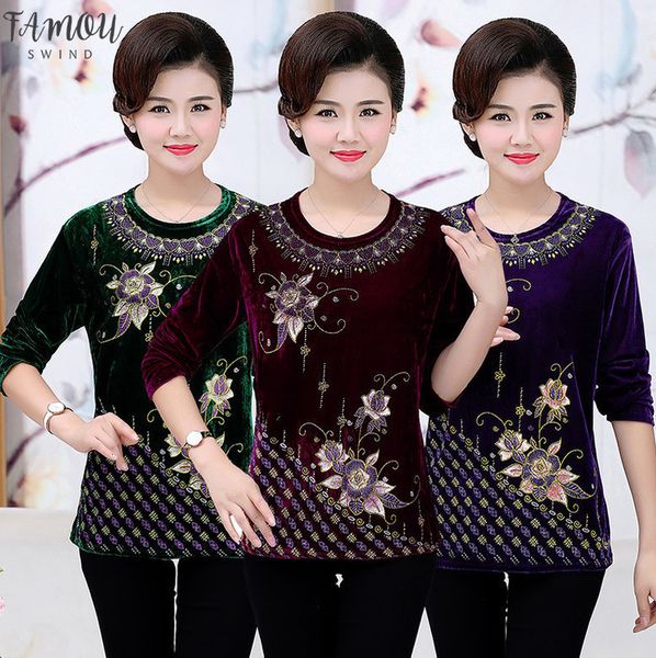 

velvet t shirts middle age mother long sleeves spring fall o neck bottoming shirt women tee shirt grandma wear clothes, White