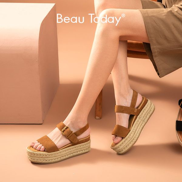 

beautoday beach sandals women kid suede genuine leather rope sole slingback straps summer ladies platform shoes handmade 32071, Black