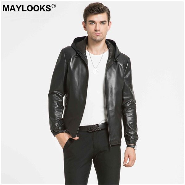 

maylooks 2019 autumn and winter new style sheep skin, men's leather, casual hooded leather jacket. ws85, Black