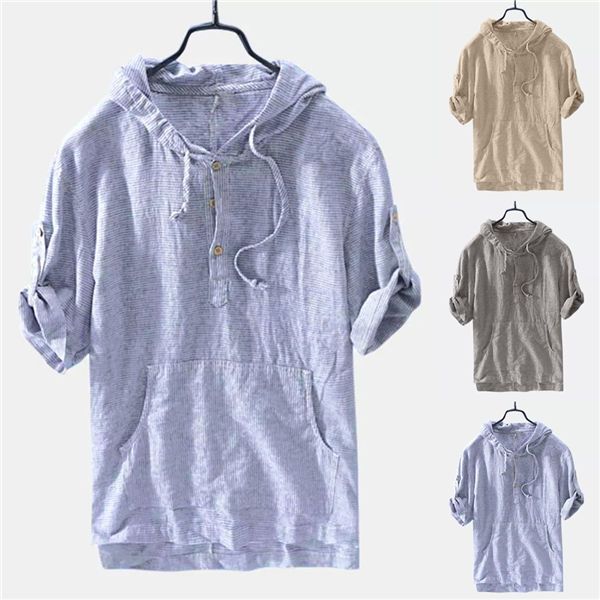 

mens baggy pocket shirt striped hooded linen shirt short sleeve retro fashion streetwear shirts mens designer dayly clothing, White;black