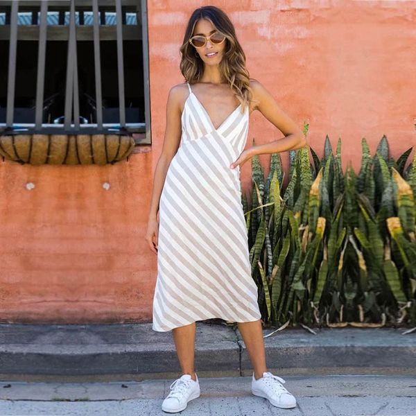 

yinlinhe long striped summer dress backless v neck strap beach dress women bohemian loose linen vintage vestido 804, Black;gray