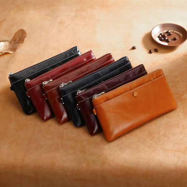 

vintage style genuine leather hand wallet smooth oil wax phone purse long cow leather coin hand bag engrave customize name logo