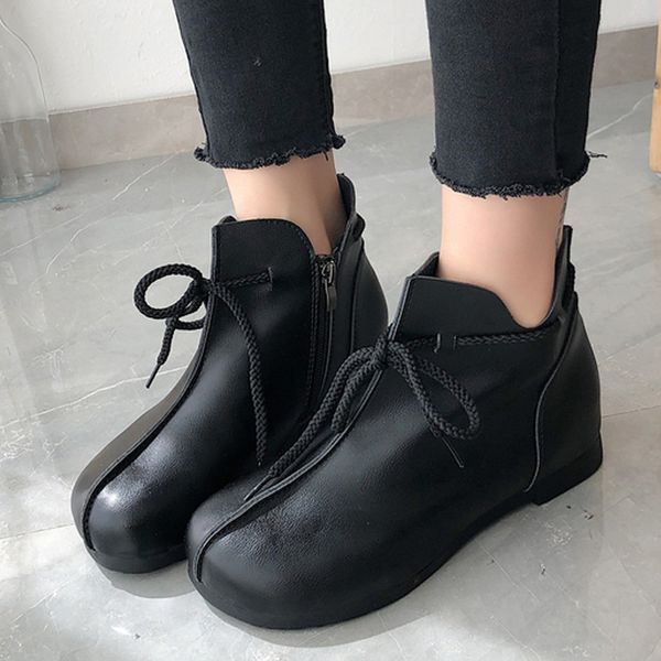 

fashion women flat heel round head boots square heel zipper solid color lace-up short booties shoes woman vintage winter boots, Black