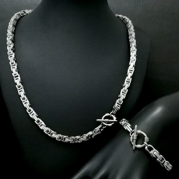 

classic 6mm width necklace + bracelet stainless steel silver tone n399b258