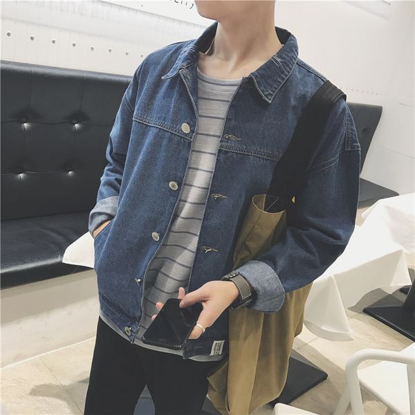 

men's jackets spring autumn 2021 washing streetwear denim jacket men korean trend lapel loose students pure color handsome coat, Black;brown