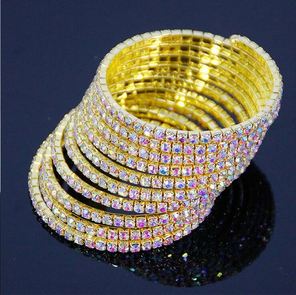 

fashion 10rows crystal rhinestone wedding bridal bracelet bangle bling wristband women wedding jewelry, Golden;silver
