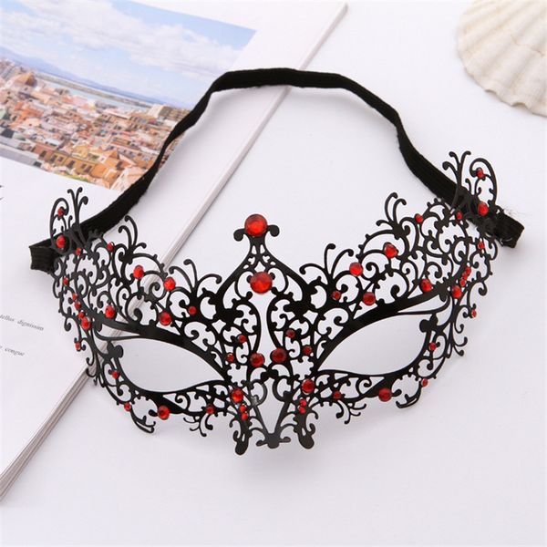 Máscara de festa feminina elegante de metal leve veneziano preto máscara de máscaras vermelho ou azul ou branco strass traje de festa baile máscaras de casamento