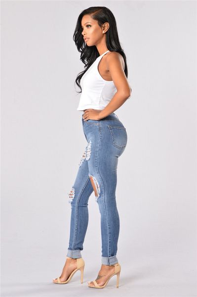 

2019 women's butt lift stretch ripped skinny jeans distressed denim pants high waist slim light blue trousers