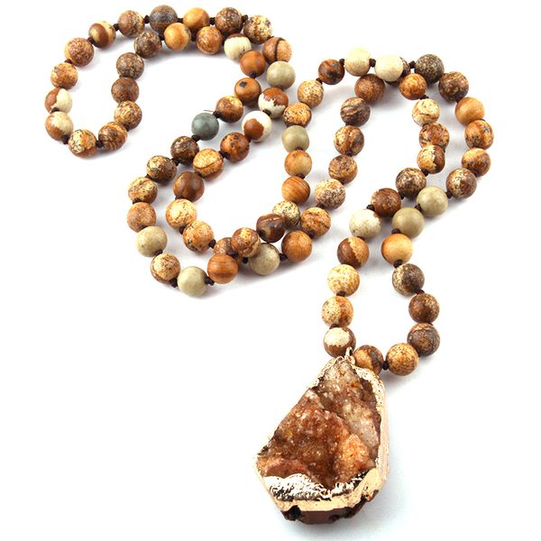 

fashion long knotted brown natural stone drop pendant necklaces, Silver