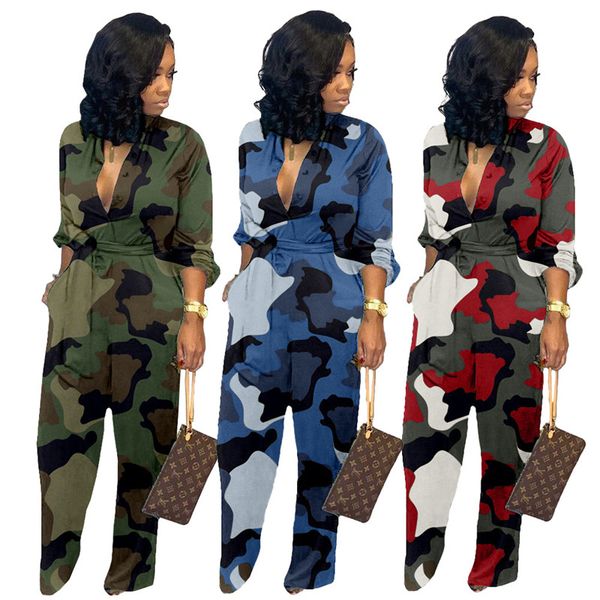 

women's jumpsuits & rompers women long sleeve button tie camo jumpsuit party suits clubwear, Black;white
