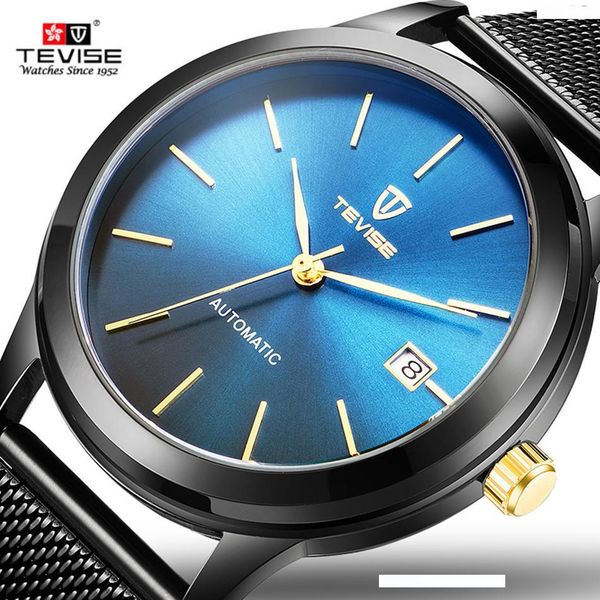 

tevise black blue mechanical men watch mesh steel automatic watches full gold luxury waterproof proof date wristwatch mens, Slivery;brown